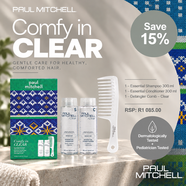Paul Mitchell Comfy in Clear Gift Set 2026 festive artwork showing the set contents, alternate view