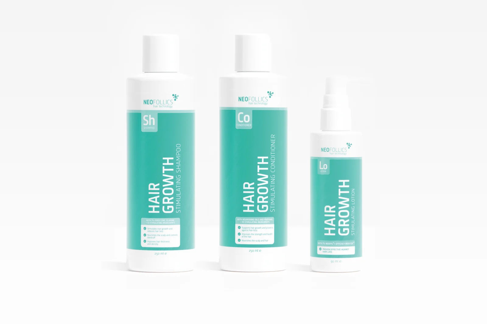 Neofollics Hair Growth Routine: stimulating shampoo, conditioner and lotion on a white studio set