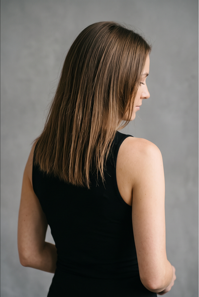 Before photo: client's natural hair length prior to hair extensions at Paul Mitchell SA