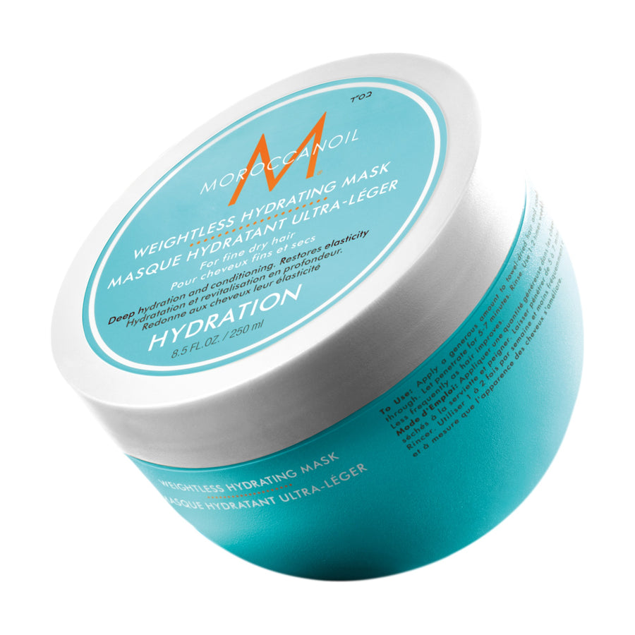 Moroccanoil Weightless Hydrating Mask 250ml jar, angled view with lid