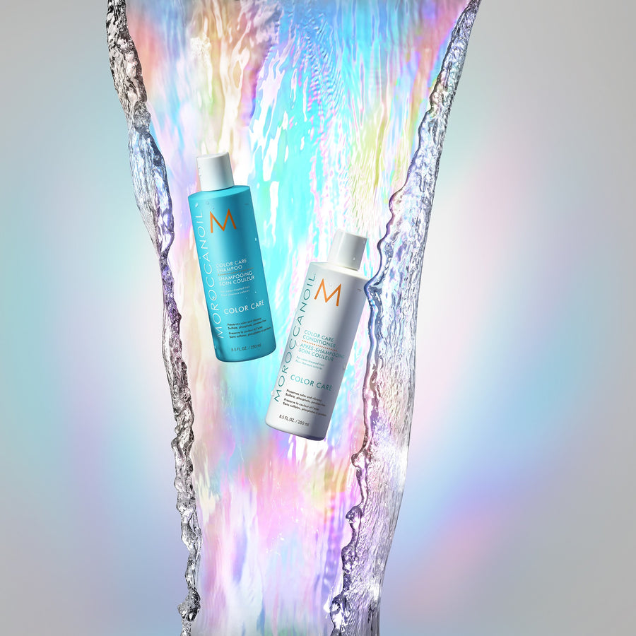 Moroccanoil Color Care Shampoo and Conditioner 250ml bottles with flowing water
