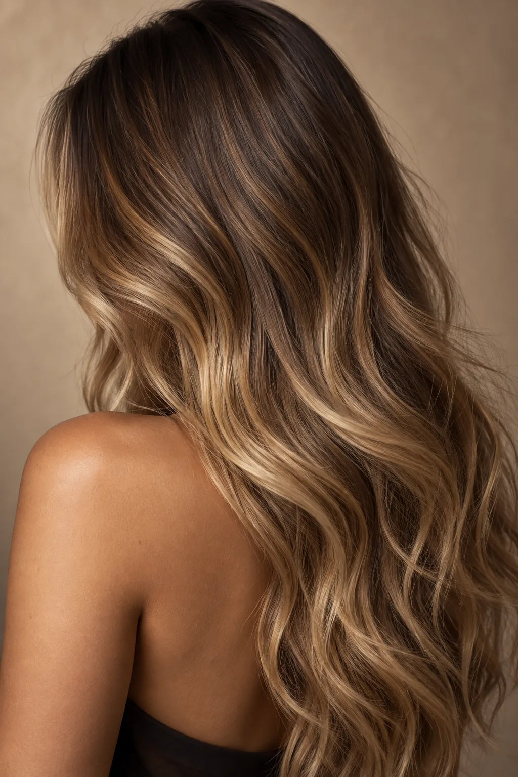 Long brunette hair with caramel balayage, photographed from behind