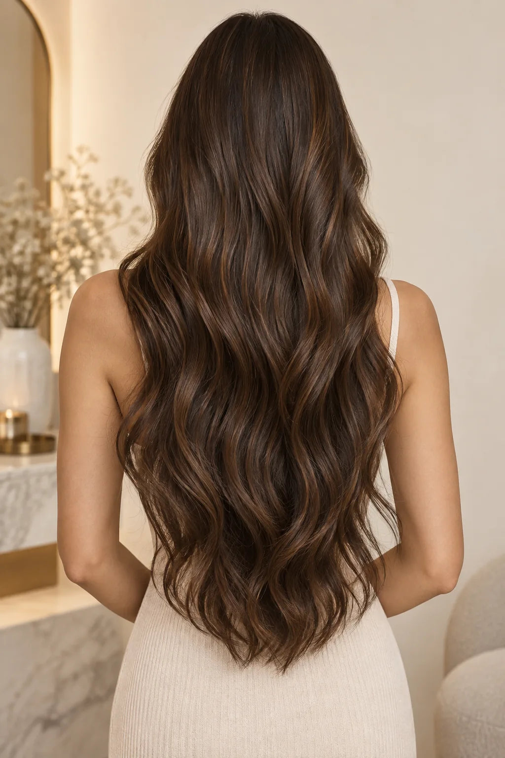 Long, full brunette hair with soft waves, photographed from behind
