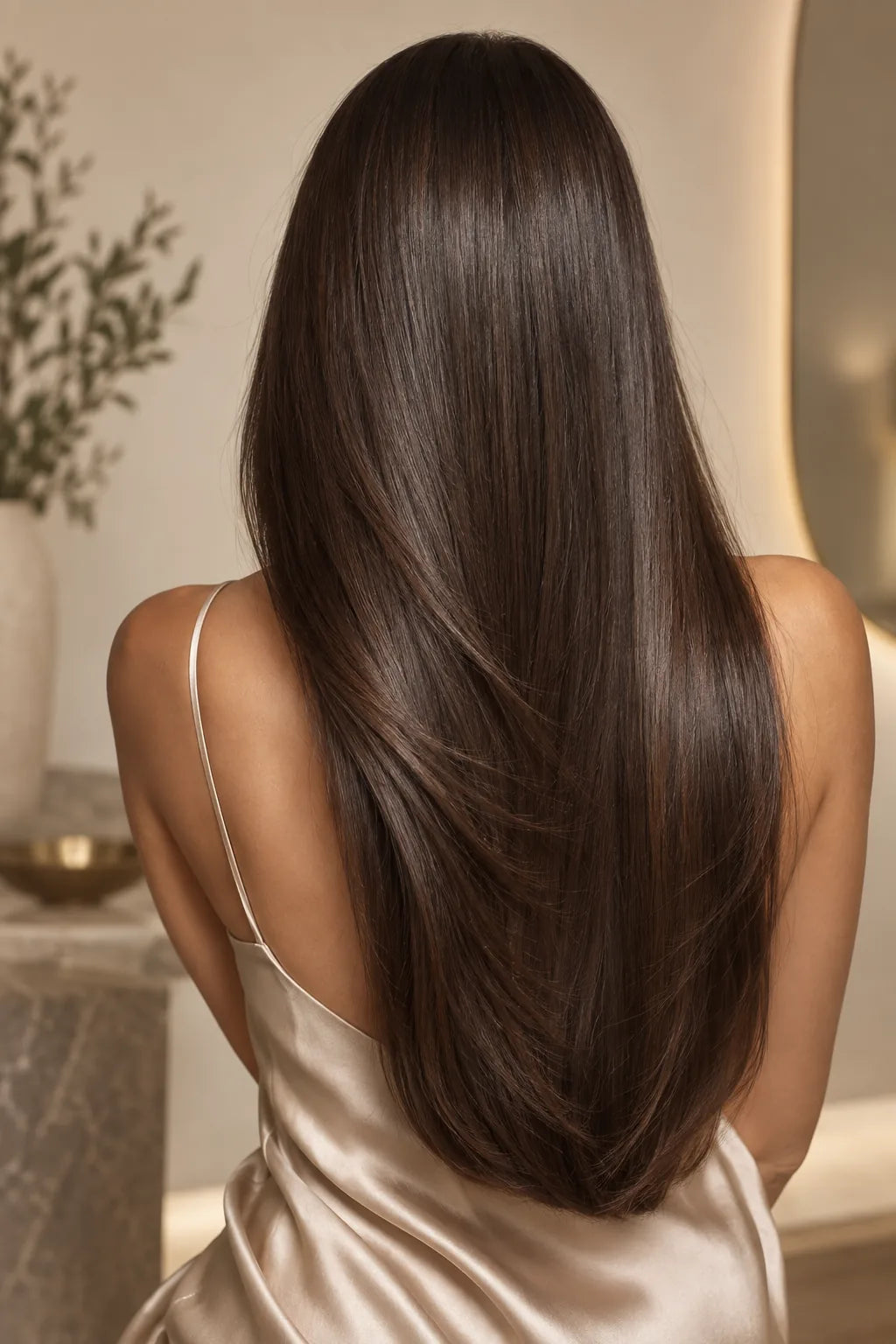 Smooth brunette hair with natural shine, photographed from behind