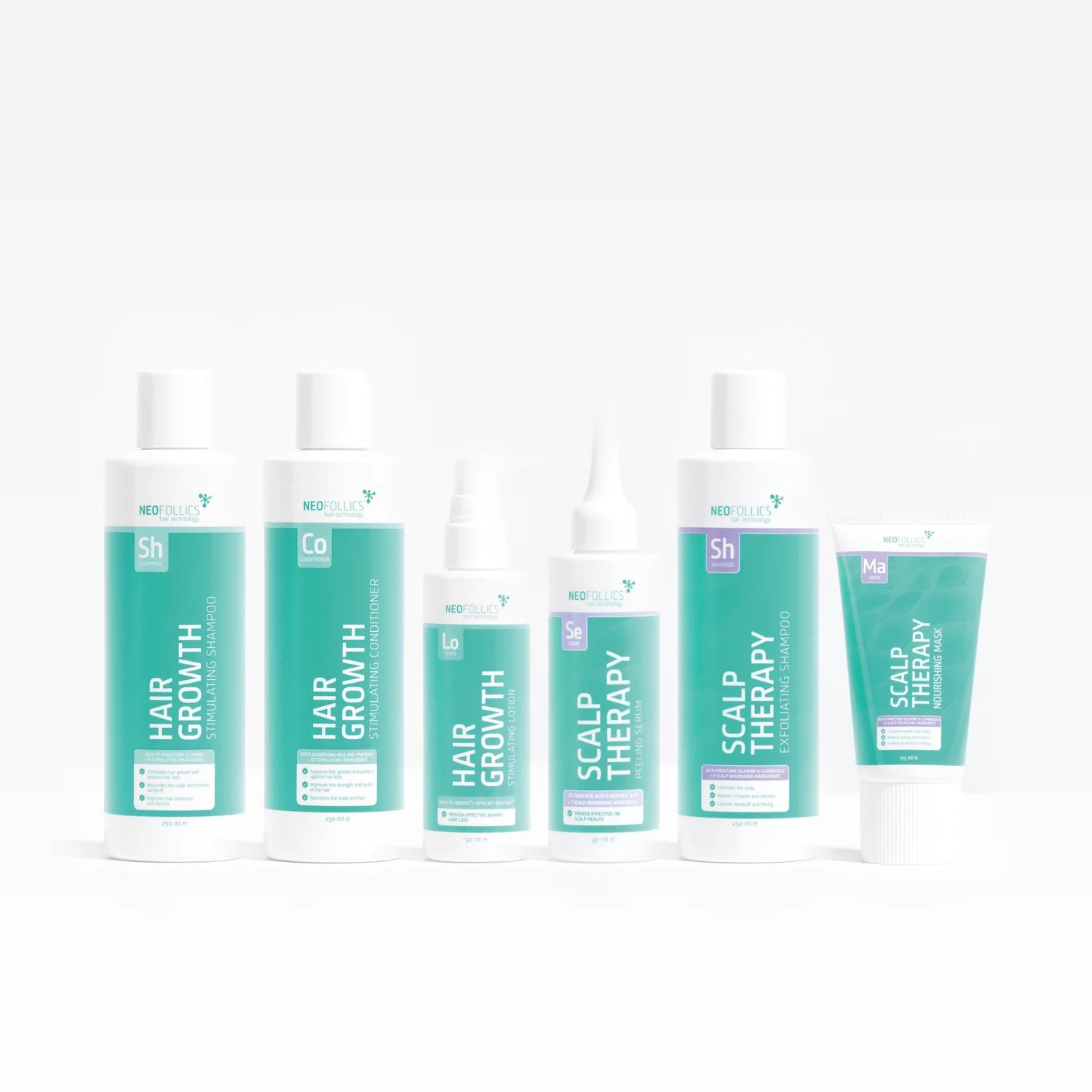 The Neofollics range: Hair Growth stimulating shampoo, conditioner and lotion, and Scalp Therapy peeling serum, exfoliating shampoo and nourishing mask