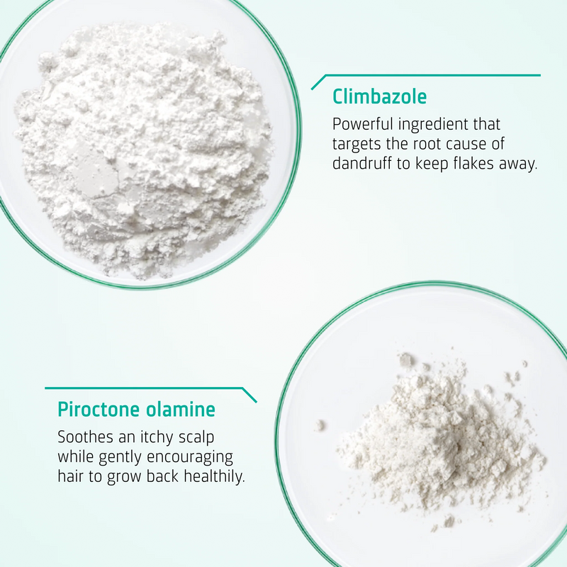 Key ingredients in Neofollics Scalp Therapy Exfoliating Shampoo including climbazole and witch hazel