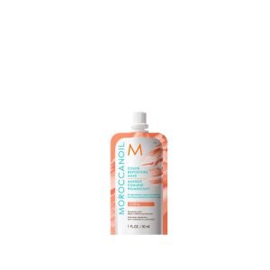Colour Deposit Mask Coral 30ml - Moroccanoil travel-friendly, mask infuses soft blush-orange tones into light to medium blonde hair while deeply conditioning